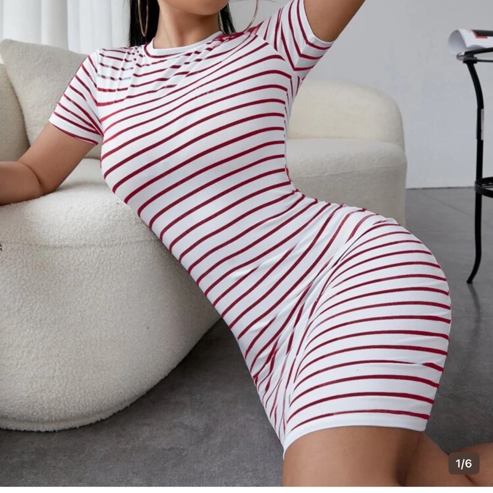 White T shirt dress with pink stripes